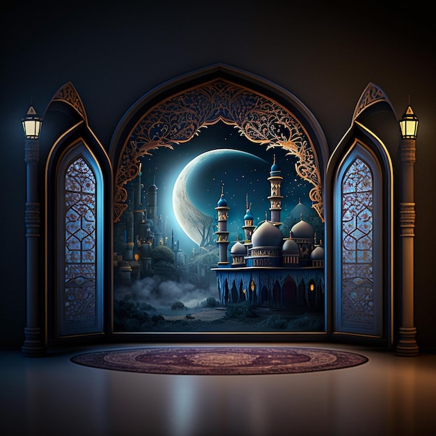 A conceptual Eid painting of a mosque with a moon