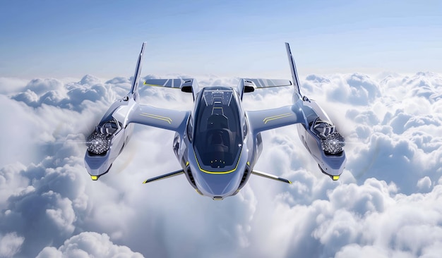 Photo conceptual flying car soaring above the clouds for the future of airborne transportation and urban m