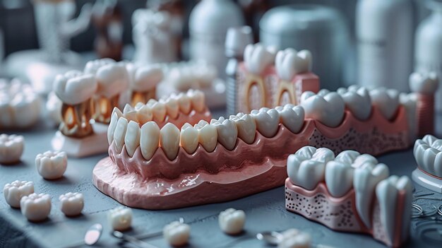 Conceptual graphic of dental prosthetics featuring crown bridge denture modern professional design