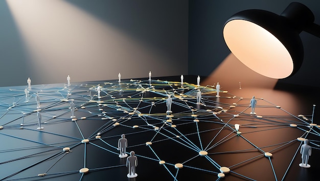 Photo a conceptual illustration featuring a network of interconnected nodes and lines overlaid on a black surface