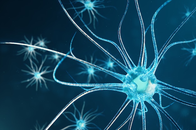 Conceptual illustration of neuron cells with glowing link knots. Neurons in brain on with focus effect. Synapse and Neuron cells sending electrical chemical signals. 3d illustration