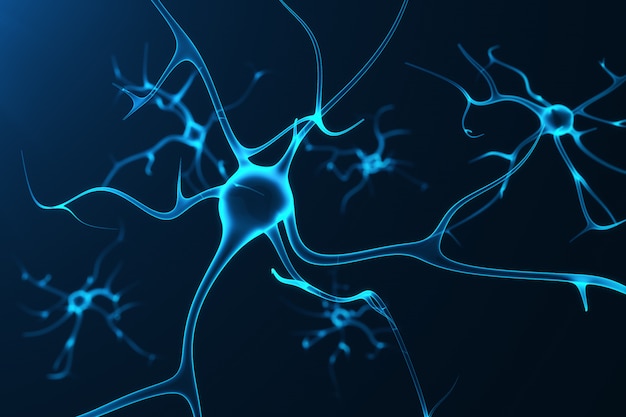 Conceptual illustration of neuron cells with glowing link knots. Synapse and Neuron cells sending electrical chemical signals. Neuron of Interconnected neurons with electrical pulses, 3D rendering