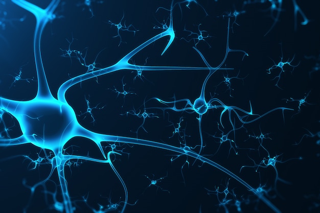 Conceptual illustration of neuron cells with glowing link knots. Synapse and Neuron cells sending electrical chemical signals. Neuron of Interconnected neurons with electrical pulses, 3D rendering