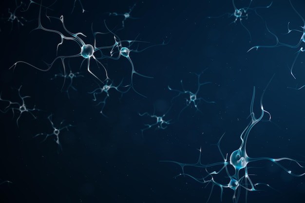 Conceptual illustration of neuron cells with link knots. Synapse and neuron cells sending electrical chemical signals. Neuron of Interconnected neurons with electrical pulses. 3D illustration