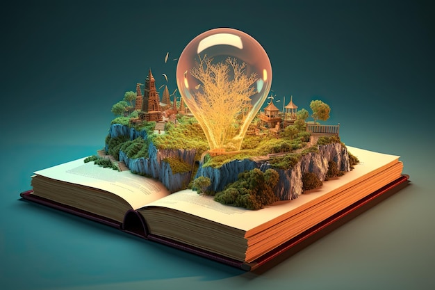 Conceptual illustration of a opened book with a lighbulb and the nature sundround Generative AI