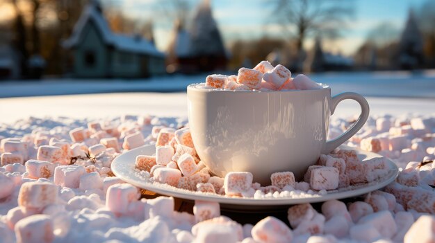 Conceptual illustration in which a marshmallow falls into a cup of cocoa in closeup Generative AI