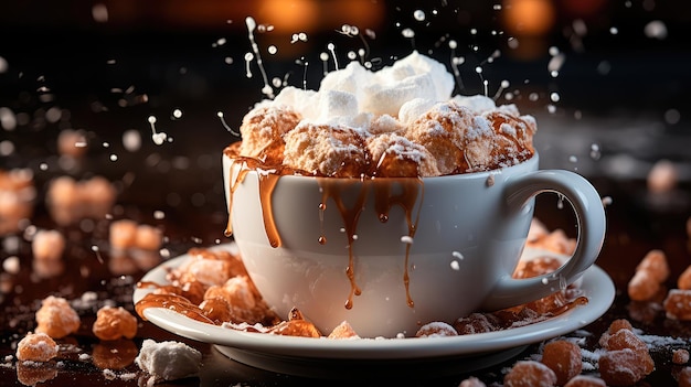 Conceptual illustration in which a marshmallow falls into a cup of cocoa in closeup Generative AI