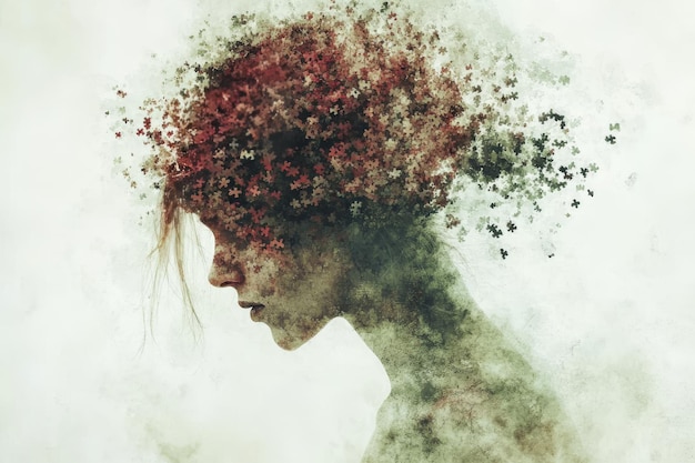 A conceptual illustration of a woman with her brain dissolving into particles symbolizing memory lo