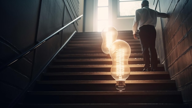 Conceptual image of businessman climbing stairs to bright lightbulbgenerative ai