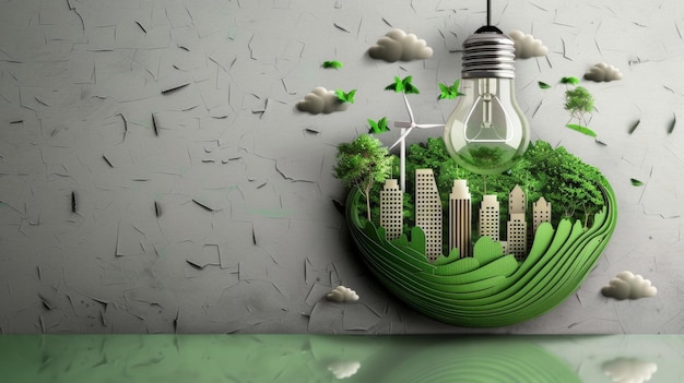 Photo conceptual image of a city with green elements inside a light bulb promoting renewable energy and su