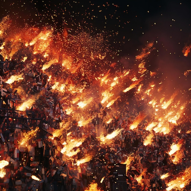 Conceptual image of a crowd of people with burning papers in the city