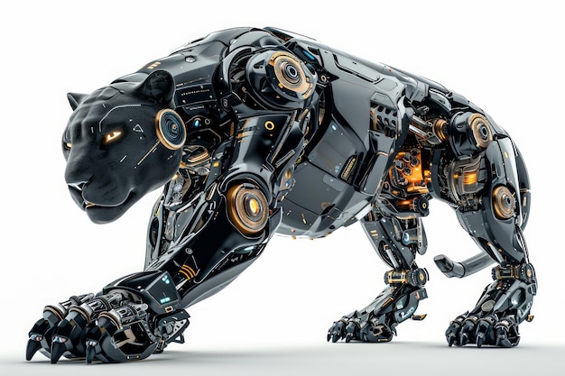 Conceptual image of a cybernetically enhanced panther with robotic limbs and technological upgrades displayed against a clean white background Generative AI