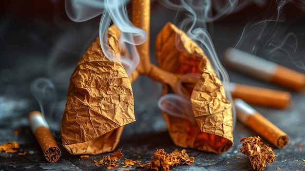 Conceptual image of damaged lungs made of crumpled paper with cigarettes symbolizing the harmful eff