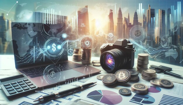 Photo a conceptual image depicting the intersection of cryptocurrency photography and modern city life showcasing the potential for financial growth and technological advancement in a digital age