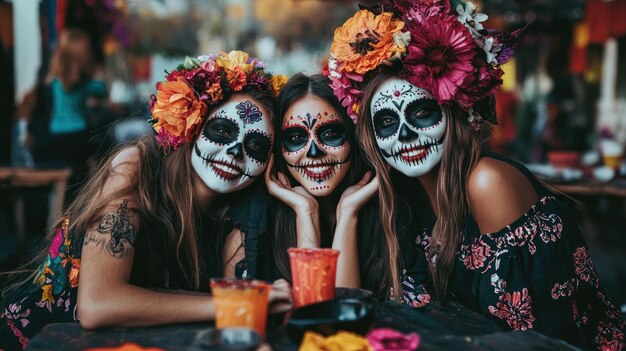 Photo conceptual image of female friends celebrating dia de los muertos together