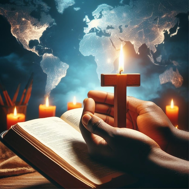 Conceptual image focus on candle light with man hand holding wooden cross on bible and blurred world