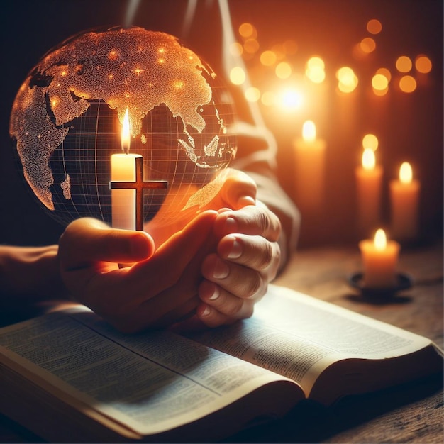 Conceptual image focus on candle light with man hand holding wooden cross on bible and blurred world