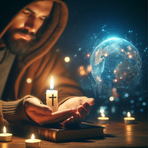 Conceptual image focus on candle light with man hand holding wooden cross on bible and blurred world