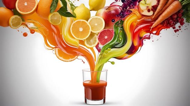 Photo conceptual image fresh juice pours from fruits and vegetables in a glass photo on a white background