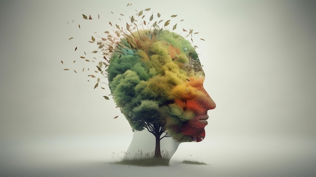 Conceptual image of a human head with colorful brain and autumn leaves mental health concept