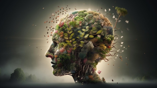 Conceptual image of a human head with colorful brain and autumn leaves mental health concept