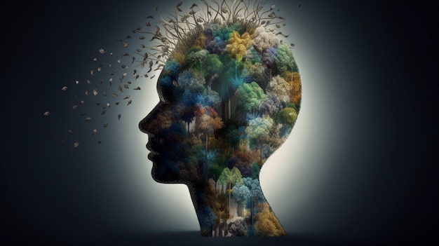 Conceptual image of a human head with colorful brain and autumn leaves mental health concept