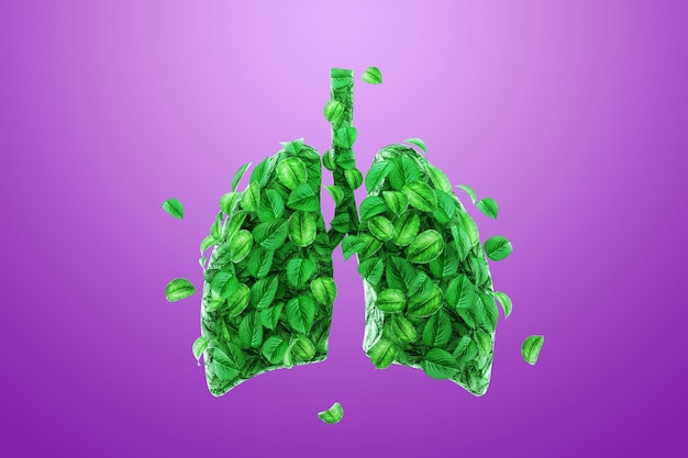 Conceptual image human lungs made of green leaves trees lungs of the planet fresh breath ecology clean energy modern design magazine style Copy space 3D illustration 3D rendering