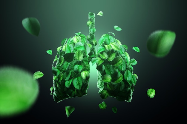 Conceptual image human lungs made of green leaves trees lungs of the planet fresh breath ecology clean energy modern design magazine style Copy space 3D illustration 3D rendering