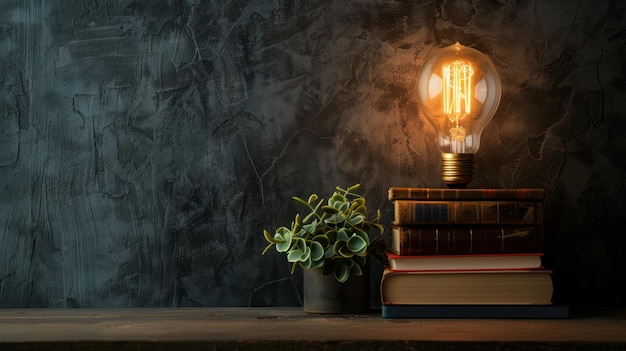 A conceptual image of a light bulb and book arrangement