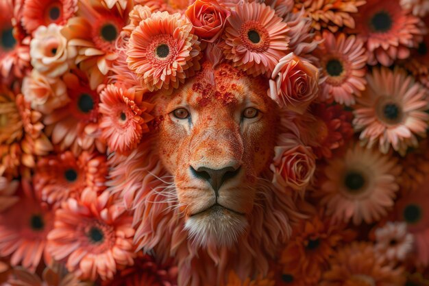 Photo a conceptual image of a lion crafted from vibrant flowers challenging the utilitarian view