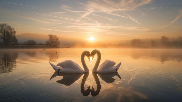 Photo conceptual image of love with two swans forming a heart shape on a tranquil lake at dawn