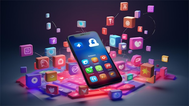 Conceptual image of mobile phone with application icons flying out of screen