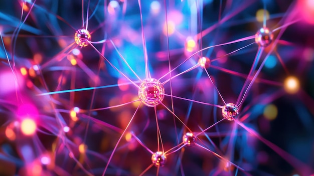 Photo a conceptual image of a neural network enhanced by quantum computing capabilities represented as a neonlit web of interconnected nodes and lines