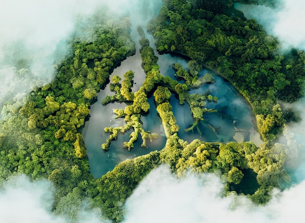 A conceptual image showing a lung-shaped lake in a lush and pristine jungle. 3d rendering.