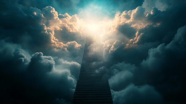 Photo conceptual image of a stairway leading up to the sky with clouds stairway leading to heaven