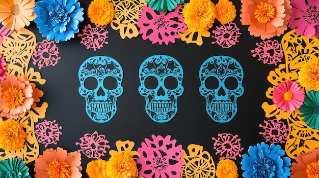 Photo conceptual image of a vibrant daa de los muertos pattern featuring intricate sugar skulls