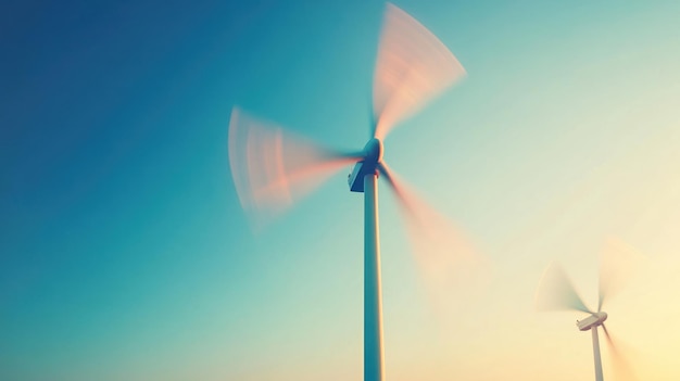 Photo a conceptual image of wind energy with blurred motion of turbine blades spinning against a clear sky symbolizing the generation of clean power