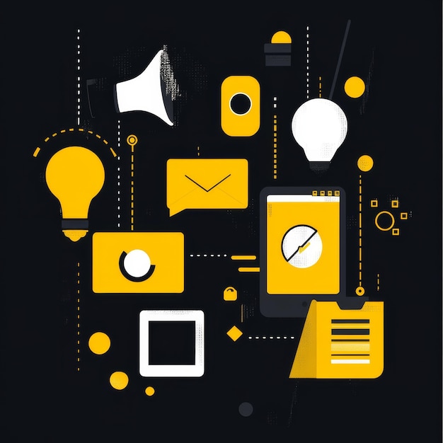 Photo conceptual image with yellow social media icons on black background