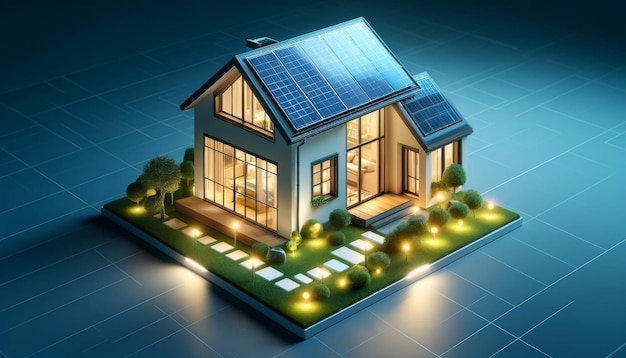 A conceptual model of an ecofriendly modern house with solar panels illuminated at night emphasizing