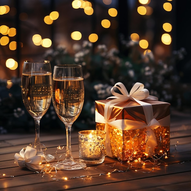 Conceptual photo New Year's Eve celebration with Christmas decorations in gold tones bottle of cha