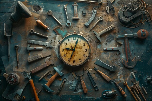 A conceptual piece showing a clock with various work tools as its numbers