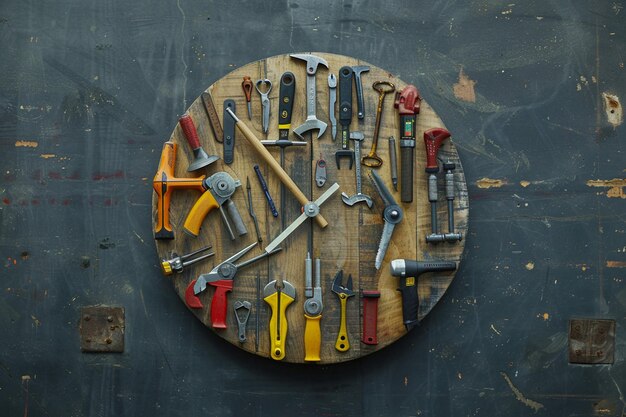 Photo a conceptual piece showing a clock with various work tools as its numbers