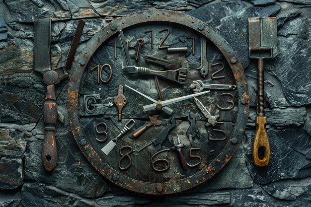 A conceptual piece showing a clock with various work tools as its numbers