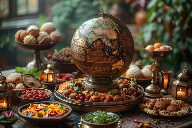 A conceptual piece showing a globe with each countrys traditional Eid alFitr dish