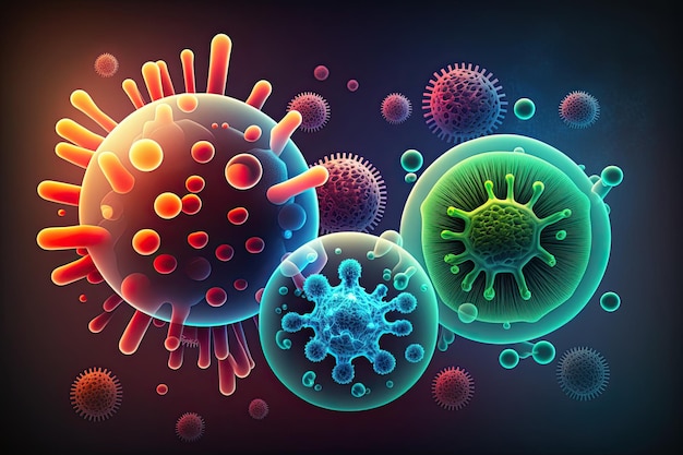 Conceptual scientific background with microscopic colorful viruses Generative AI