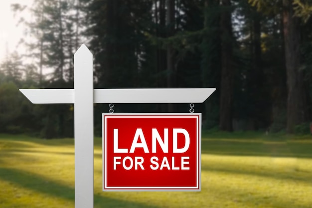 Conceptual sign against beautiful landscape with text LAND FOR SALE