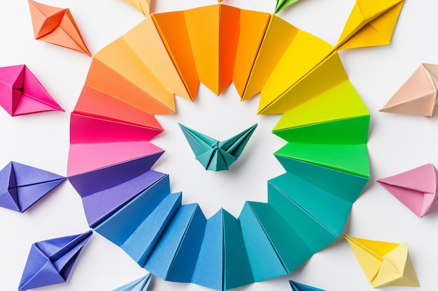 Photo conceptual spectrum of colors surrounding a paper origami representing leadership skills evolving