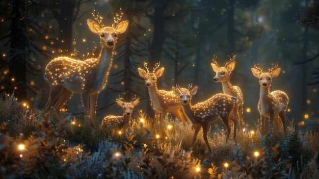 Conceptualize a neon exhibit of forest symbols featuring shining deer