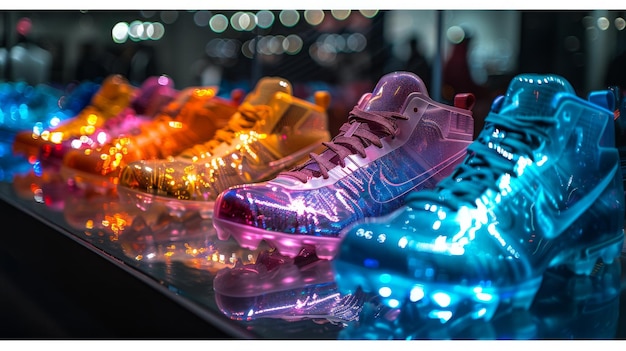 Conceptualize a neon exhibit of sports gear symbols including shimmering