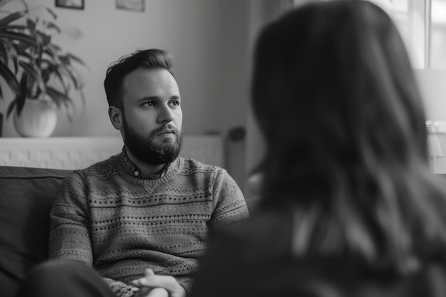 Concerned curlyhaired woman Therapist listening intently to a client creating a safe space for dialogue